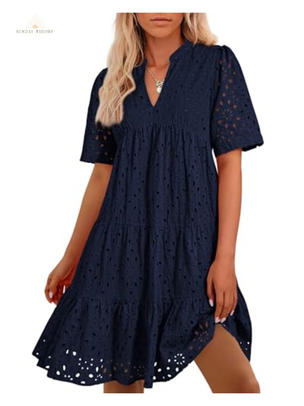 Boho Eyelet Mini Dress with V-Neck Short Sleeves Flowy A-Line Summer